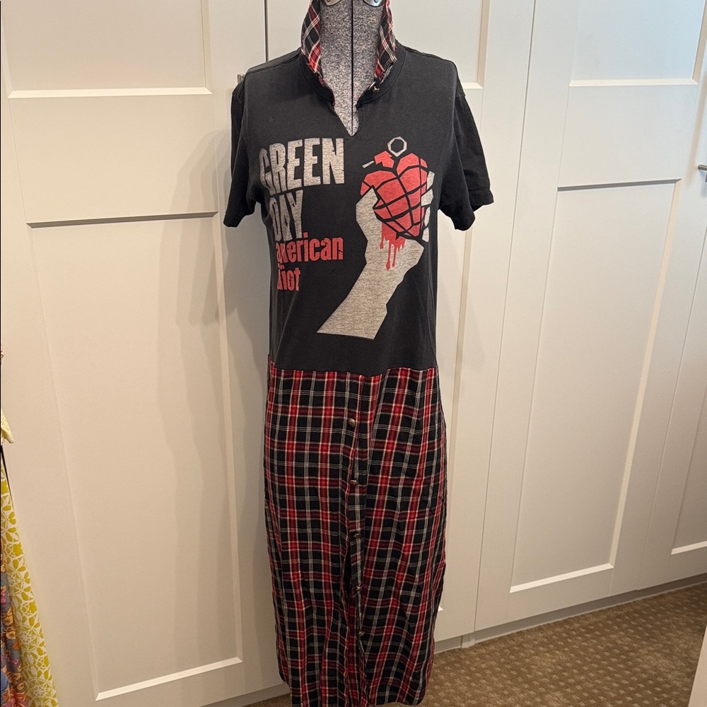 Green Day concert upcycled dress/layering piece with black/red plaid